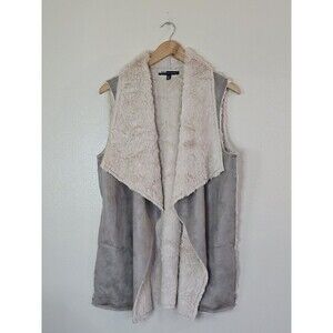 Saks Fifth Avenue Open Front Vest Faux Suede Shearling Womens Size Medium Taupe